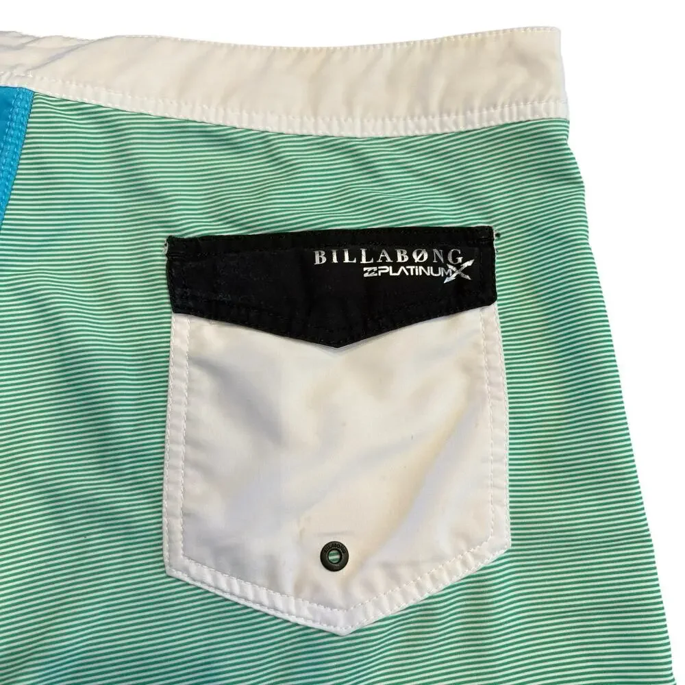 Billabong Men’s aqua and green striped board short, swim, Size 38